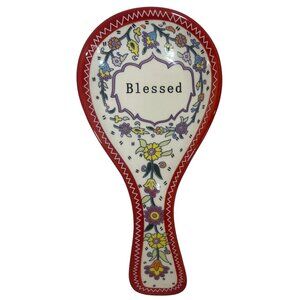 Ceramic Spoon Rest "Blessed" Signature‎ Housewares Floral Design 9"x4" Red White